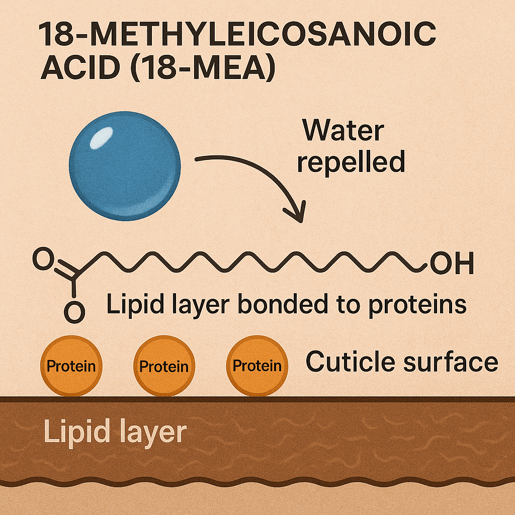 18-MEA-lipid-layer-hair-cuticle-infographic Infographic showing the 18-MEA lipid layer on the hair cuticle with simplified molecular structures and a water droplet repelled from the surface, illustrating how the layer protects hair from moisture.