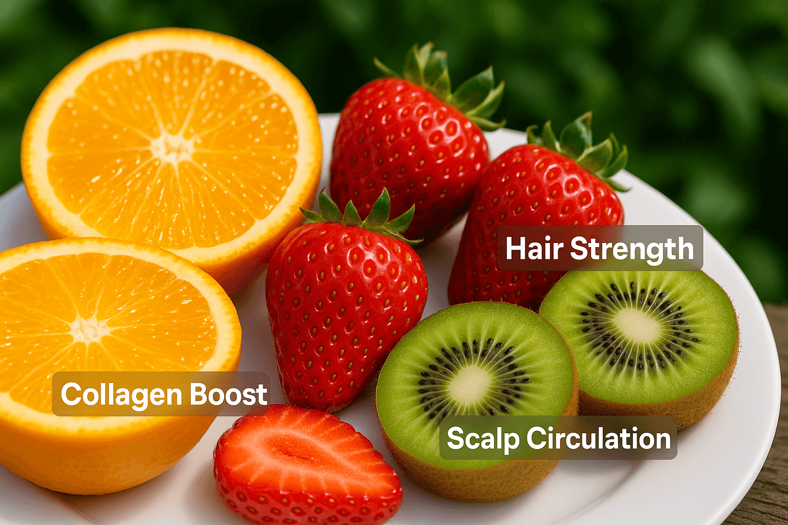 A close up of sliced orange.png Close-up of sliced oranges, strawberries, and kiwis on a white plate with labels indicating "Collagen Boost", "Hair Strength", and "Scalp Circulation", set against a leafy green background.