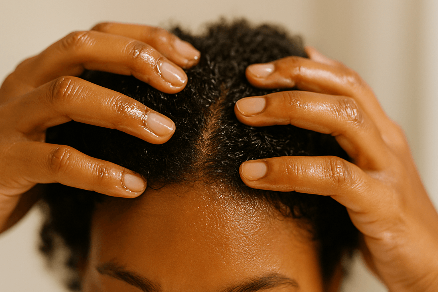 scalp-massage-natural-oil-hair-care Hands massaging a scalp with fingers coated in natural oil, focusing on the texture of curly hair and healthy scalp care.