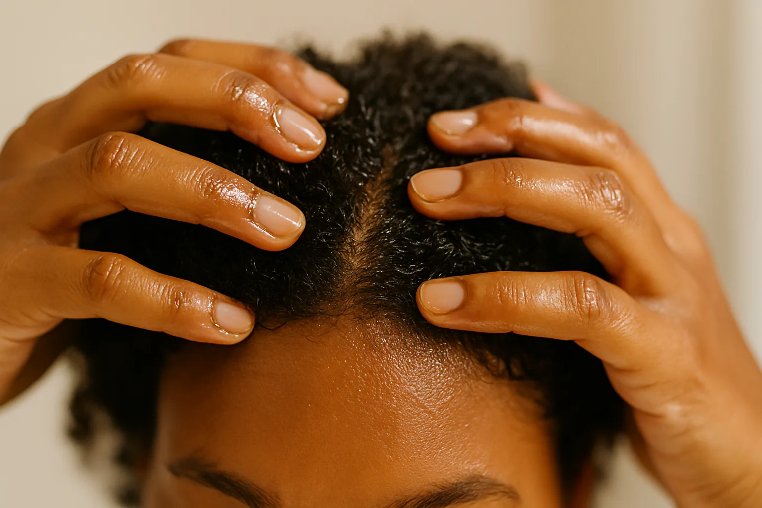scalp-massage-natural-oil-hair-care Hands massaging a scalp with fingers coated in natural oil, focusing on the texture of curly hair and healthy scalp care.