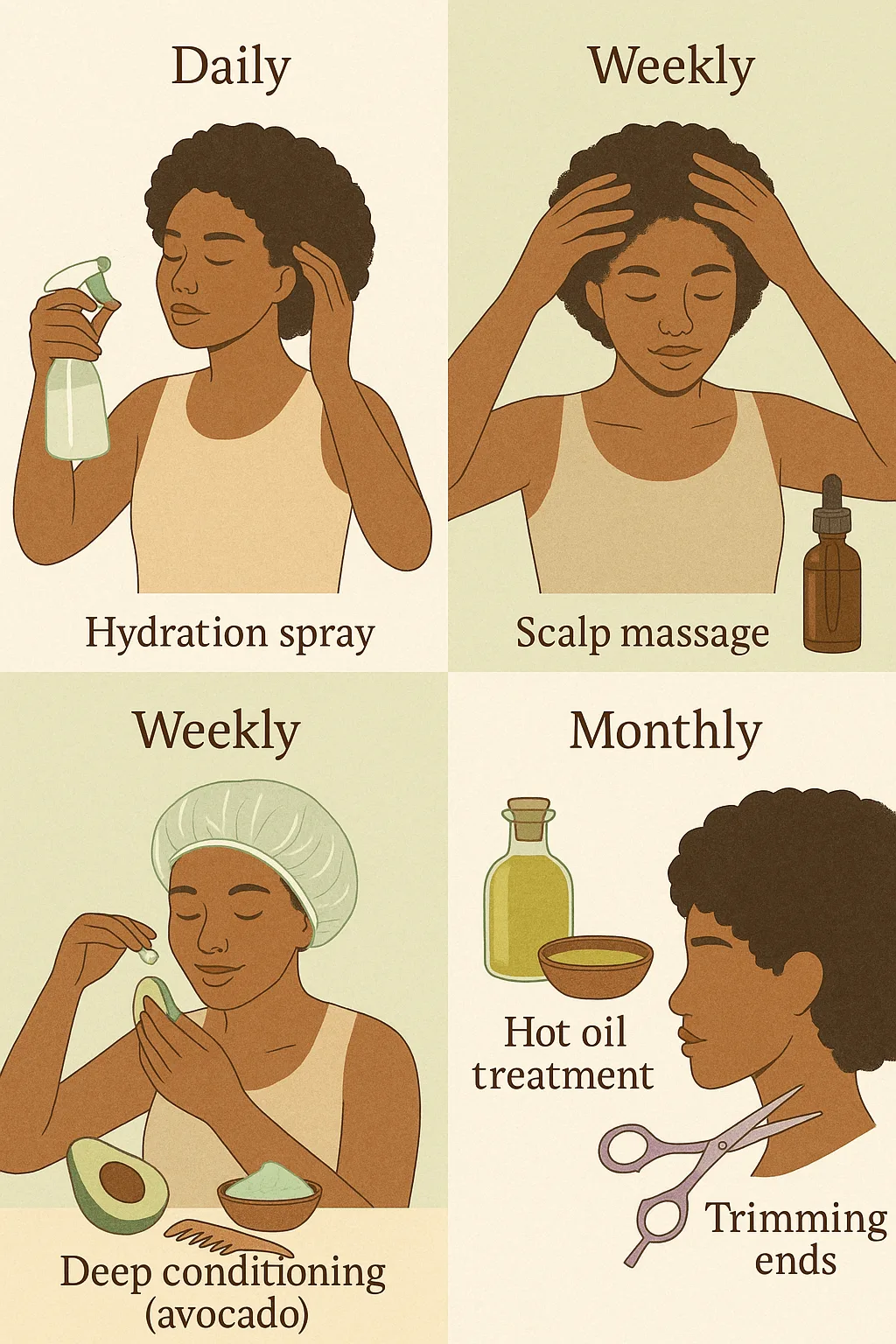 natural-hair-care-routine-infographic A four-panel infographic illustrating a natural hair care routine with steps like hydration spray, scalp massage, deep conditioning with avocado, hot oil treatment, and trimming ends, organized into daily, weekly, and monthly categories.