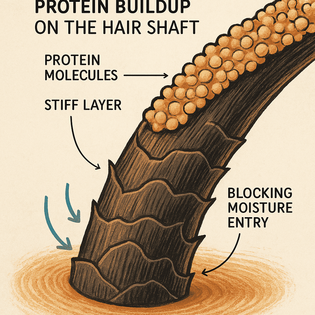 ChatGPT Image May 19, 2025, 11_11_56 AM Stylized digital illustration of protein buildup on a hair shaft, showing a stiff layer of protein molecules covering the cuticle and blocking moisture entry.