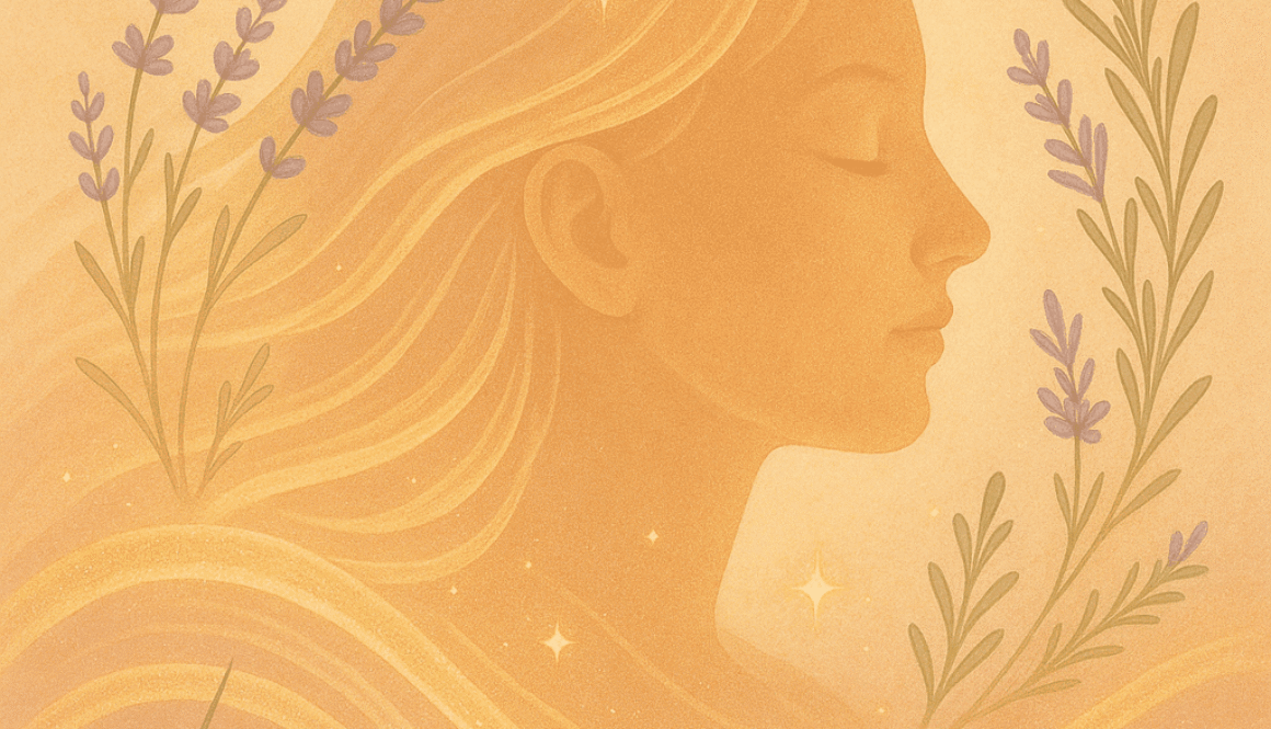 Tranquil profile of a woman with glowing hair waves, surrounded by lavender and rosemary.