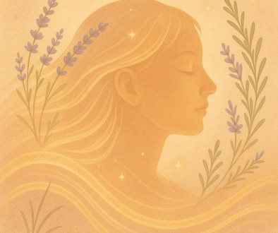 Tranquil profile of a woman with glowing hair waves, surrounded by lavender and rosemary.