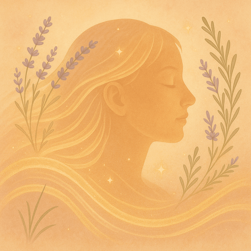 serene-scalp-health-scene Tranquil profile of a woman with glowing hair waves, surrounded by lavender and rosemary.