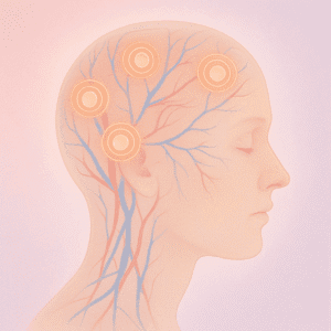 Transparent head with red and blue scalp vessels and glowing massage points.