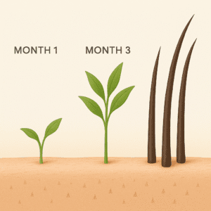Stylized timeline graphic showing hair growth from sprouts in month 1 to full strands by month 6.