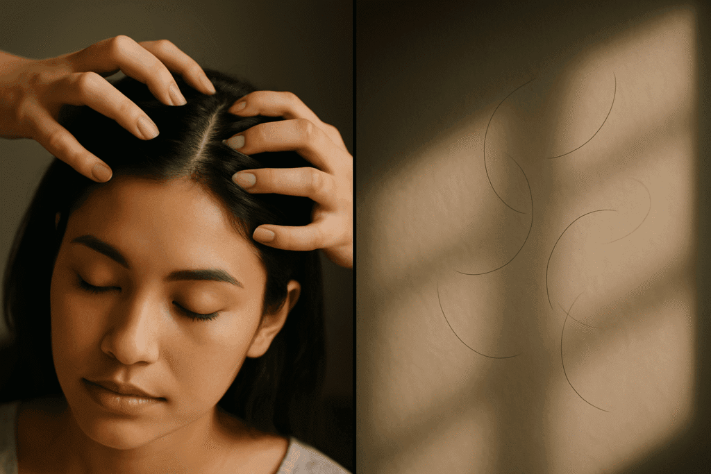 A diptych showing a serene scalp massage on the left and a few loose hairs floating in soft light on the right.