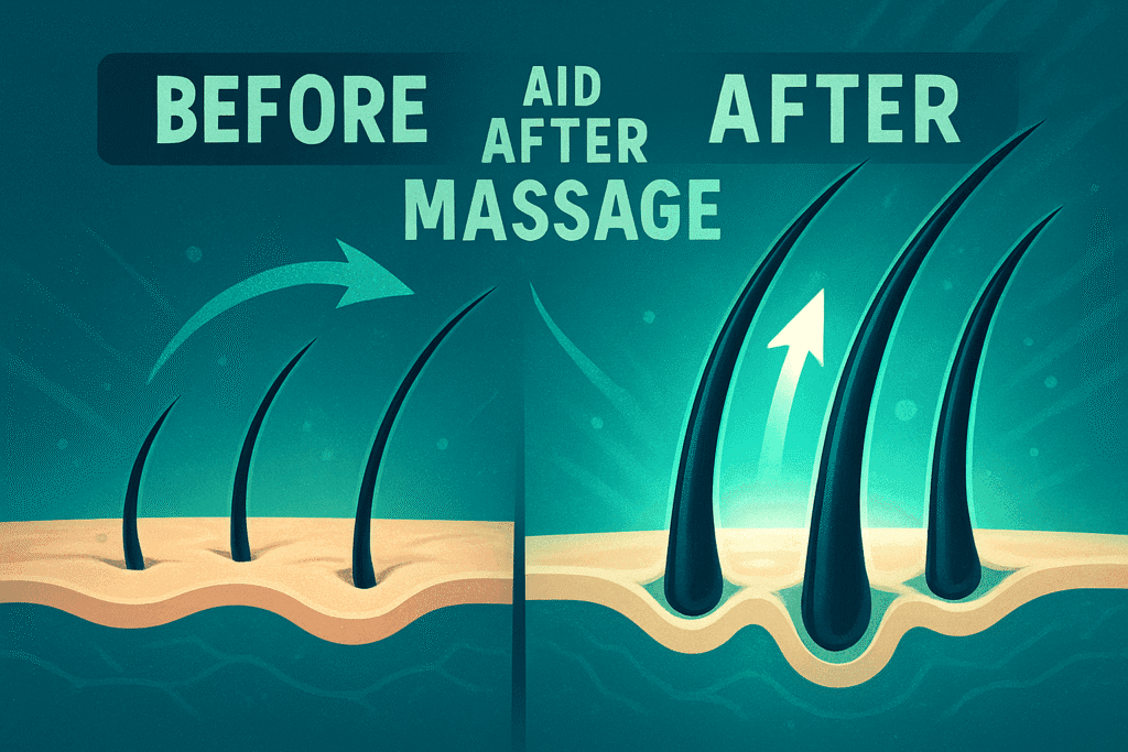 Infographic showing hair follicles before and after massage; thin and sparse on the left, fuller and vibrant on the right with glowing arrows.