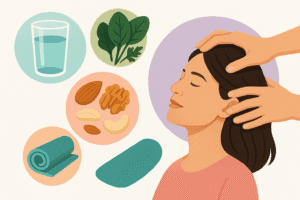 Collage of icons in pastel circles: a glass of water, leafy greens, nuts, a yoga mat, and a scalp massage session.