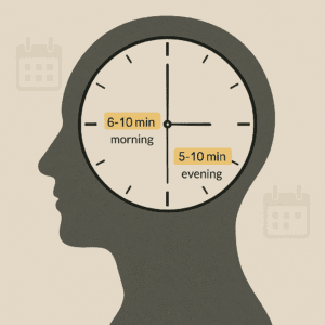 A silhouette of a head overlaid with a clock face highlighting two time blocks for morning and evening routines.