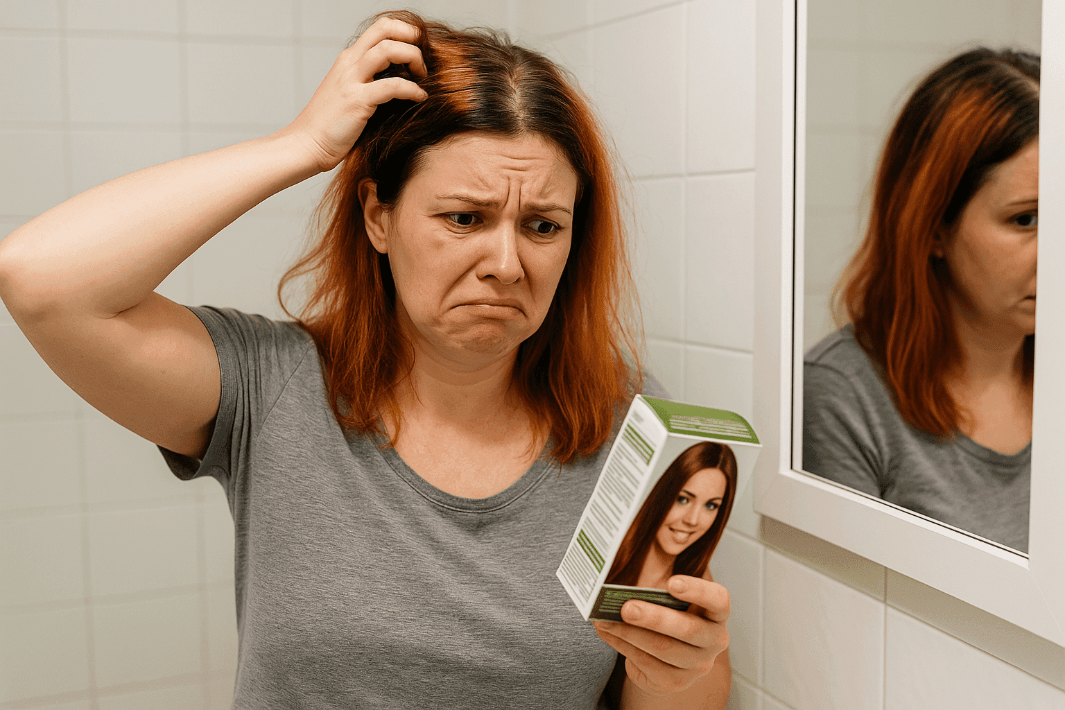 Frustrated woman looking in mirror at uneven dyed hair Frustrated woman looking in mirror at uneven dyed hair