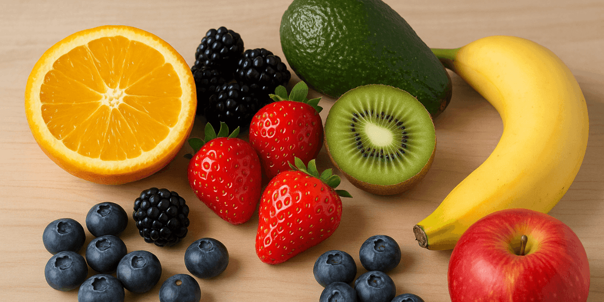 Hair growth fruit collection Assorted fresh fruits including orange, banana, apple, avocado, kiwi, strawberries, blueberries, and blackberries placed on a wooden surface.