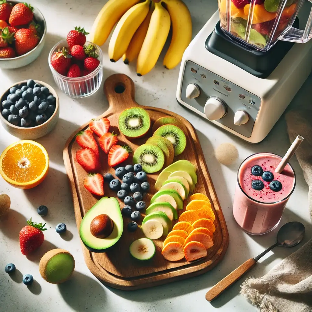 Healthy fruit prep Top-down view of a kitchen counter with a wooden cutting board holding sliced fruits like bananas, strawberries, blueberries, kiwis, oranges, and avocado; a smoothie in a glass beside a blender, a bowl of fruit salad, and a labeled meal-prep container with fruit snacks, all in soft natural morning light.