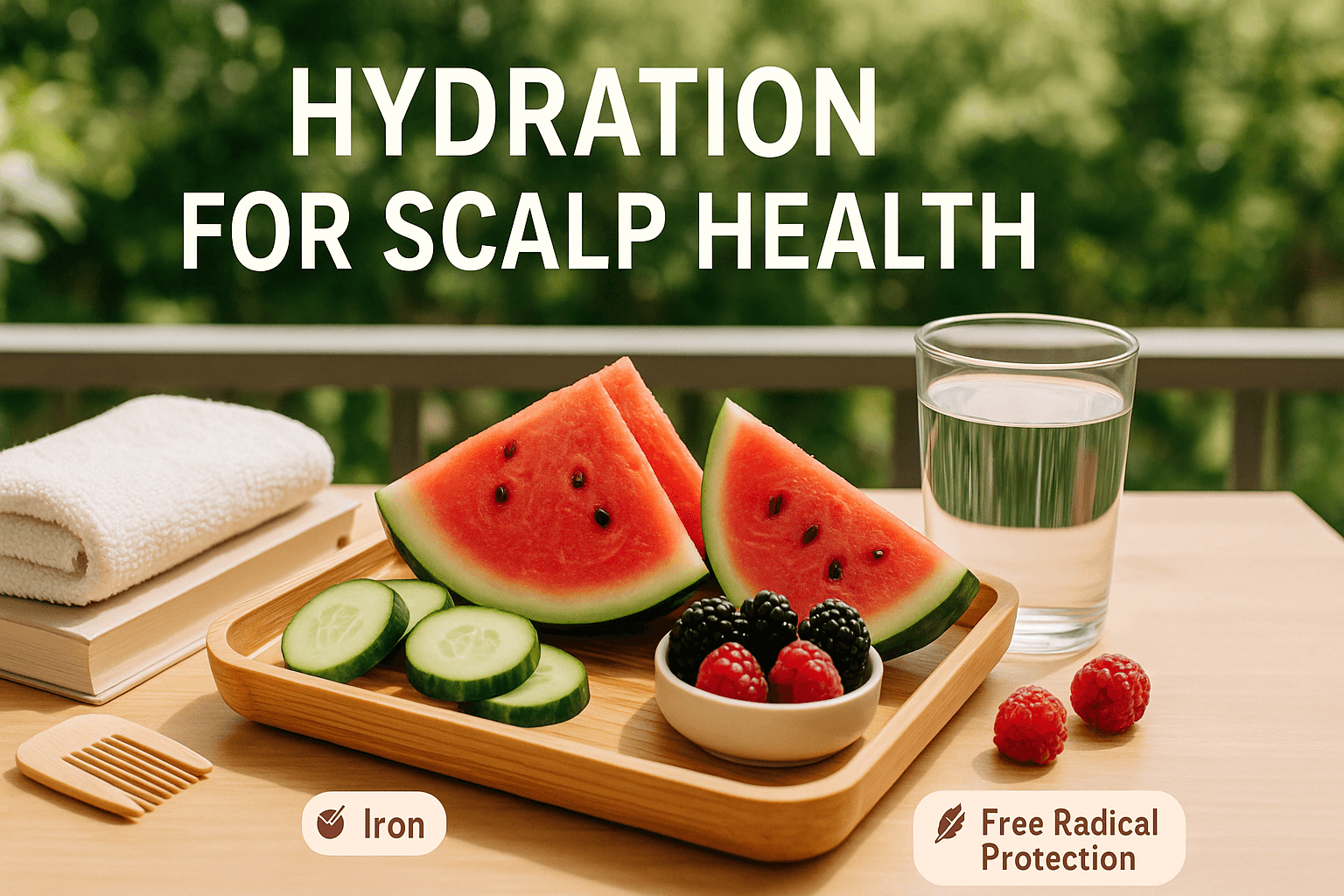 Hydrating fruits A bamboo tray with watermelon slices and cucumber rounds next to a glass of water, a towel, a book, and a wooden comb, placed on a balcony in soft daylight with the text “Hydration for Scalp Health.”