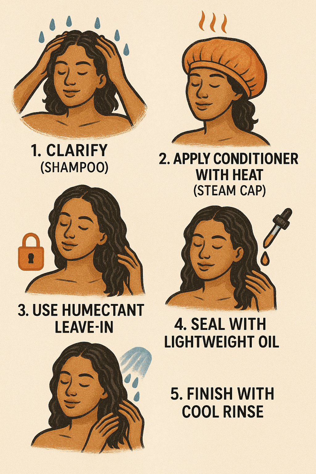 Moisture-Retention-Haircare-Steps-Infographic Illustrated step-by-step infographic showing a woman performing a five-step moisturizing haircare routine: clarifying shampoo, applying conditioner with heat, using humectant leave-in, sealing with lightweight oil, and finishing with a cool rinse, each labeled with icons and brief descriptions.