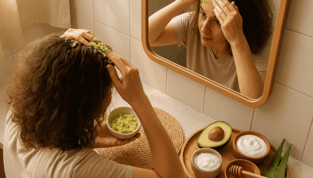 A woman with frizzy hair applies a homemade avocado hair mask in front of a bathroom mirror, surrounded by natural ingredients like yogurt, eggs, honey, and aloe vera.