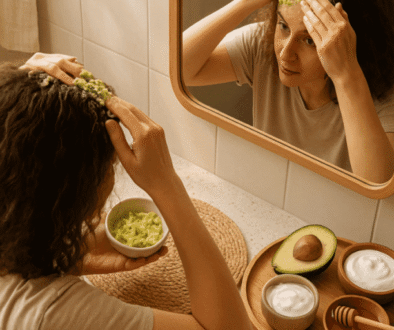 A woman with frizzy hair applies a homemade avocado hair mask in front of a bathroom mirror, surrounded by natural ingredients like yogurt, eggs, honey, and aloe vera.