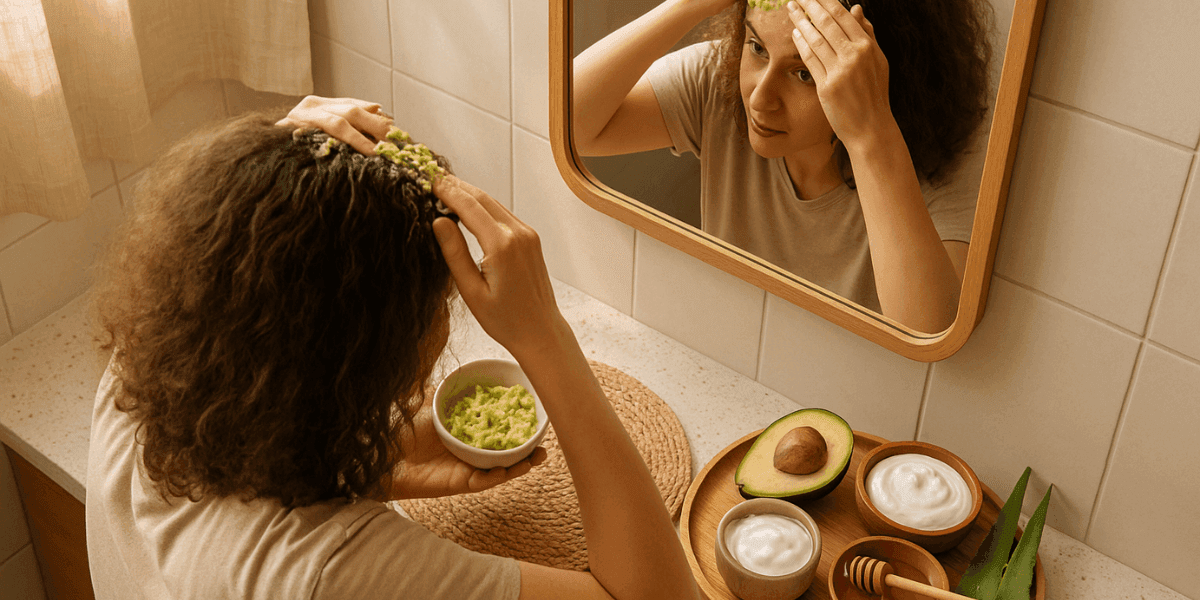 Women applying avocado hair mask in bathroom A woman with frizzy hair applies a homemade avocado hair mask in front of a bathroom mirror, surrounded by natural ingredients like yogurt, eggs, honey, and aloe vera.
