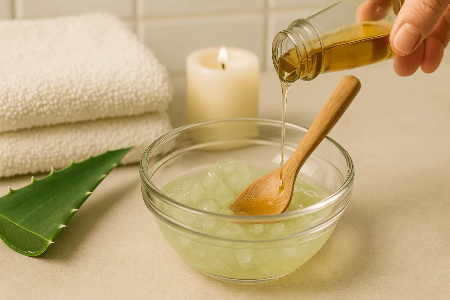 aloe vera argan oil hair treatment A hand pours argan oil into a glass bowl filled with fresh aloe vera gel, with a wooden spoon inside, set beside towels, a candle, and an aloe leaf on a bathroom counter.