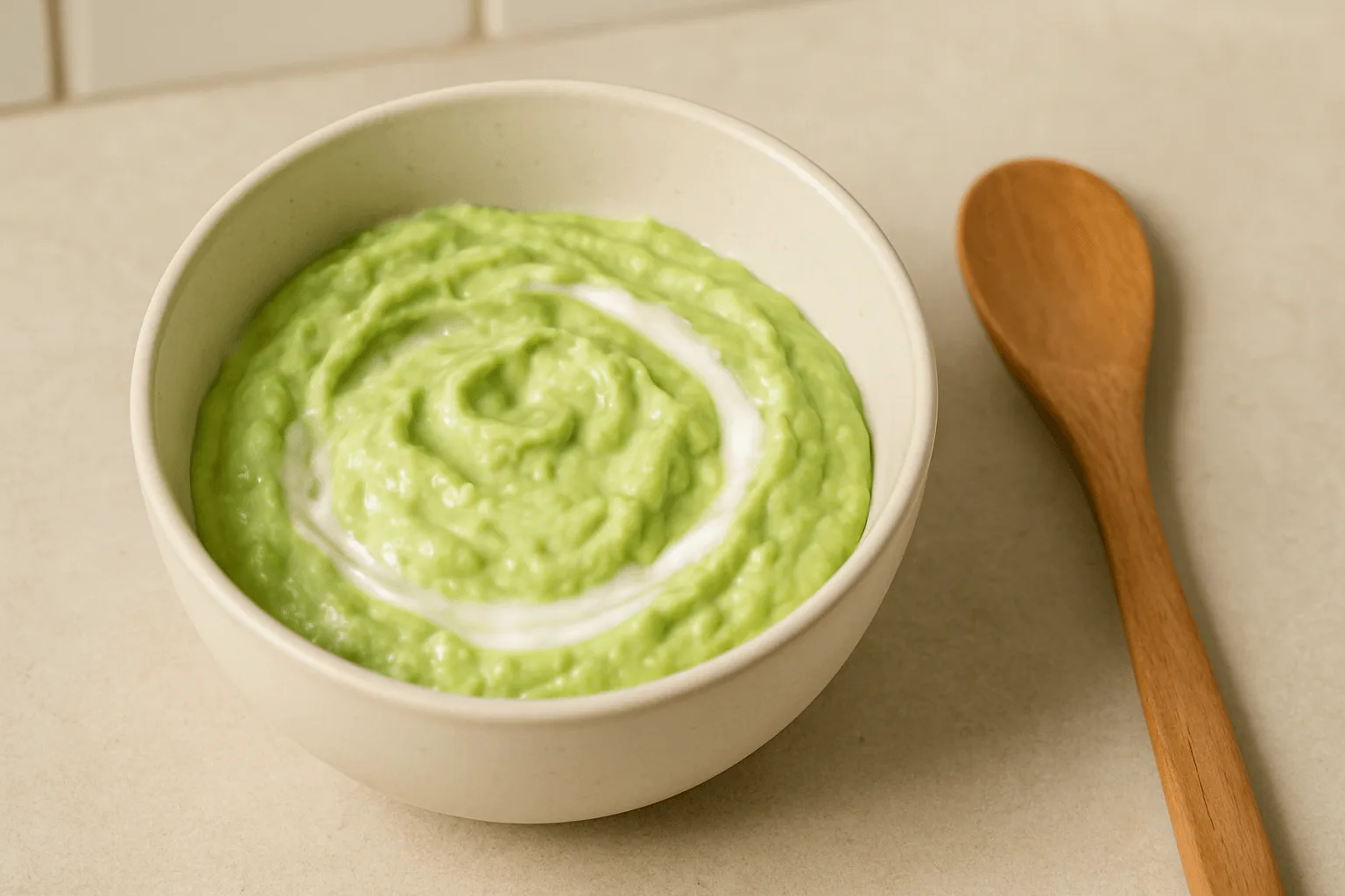 avocado yogurt hair mask bowl A close-up of a ceramic bowl filled with a creamy blend of mashed avocado and plain yogurt, with a wooden spatula beside it on a bathroom counter.