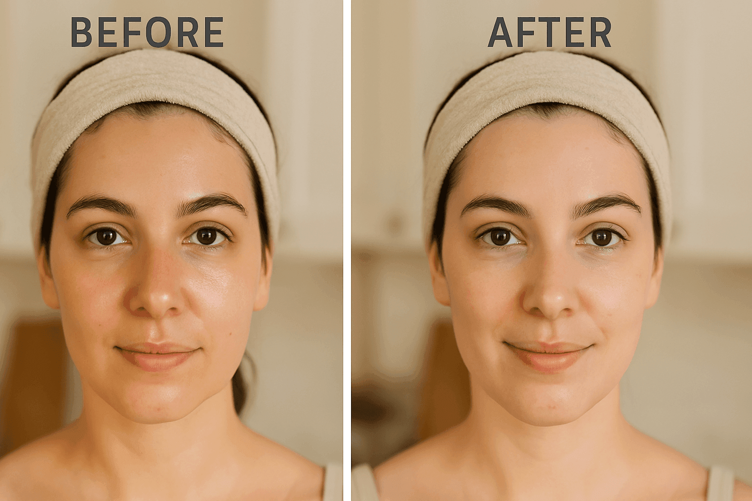 before and after face mask for oily skin Side-by-side comparison of a woman with oily skin before applying a mask and with matte, refreshed skin after rinsing it off.