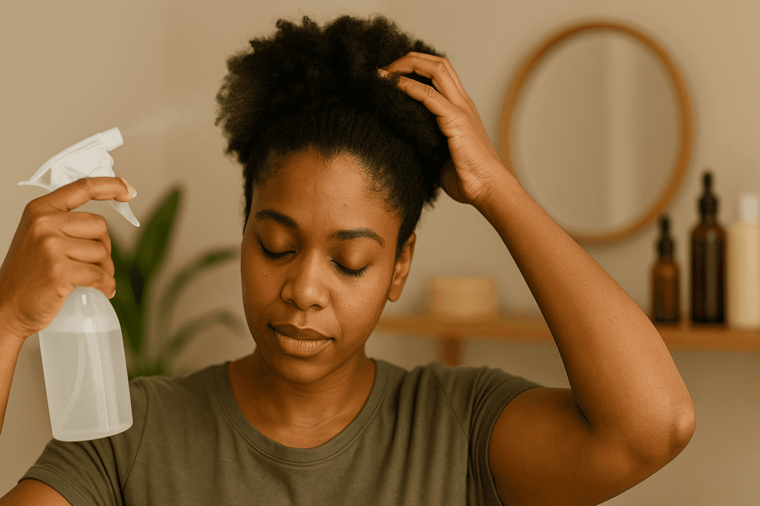 daily-natural-hair-moisturizing-routine A close-up of a woman misting her natural hair with water and massaging oil into her scalp in a home hair care setting.