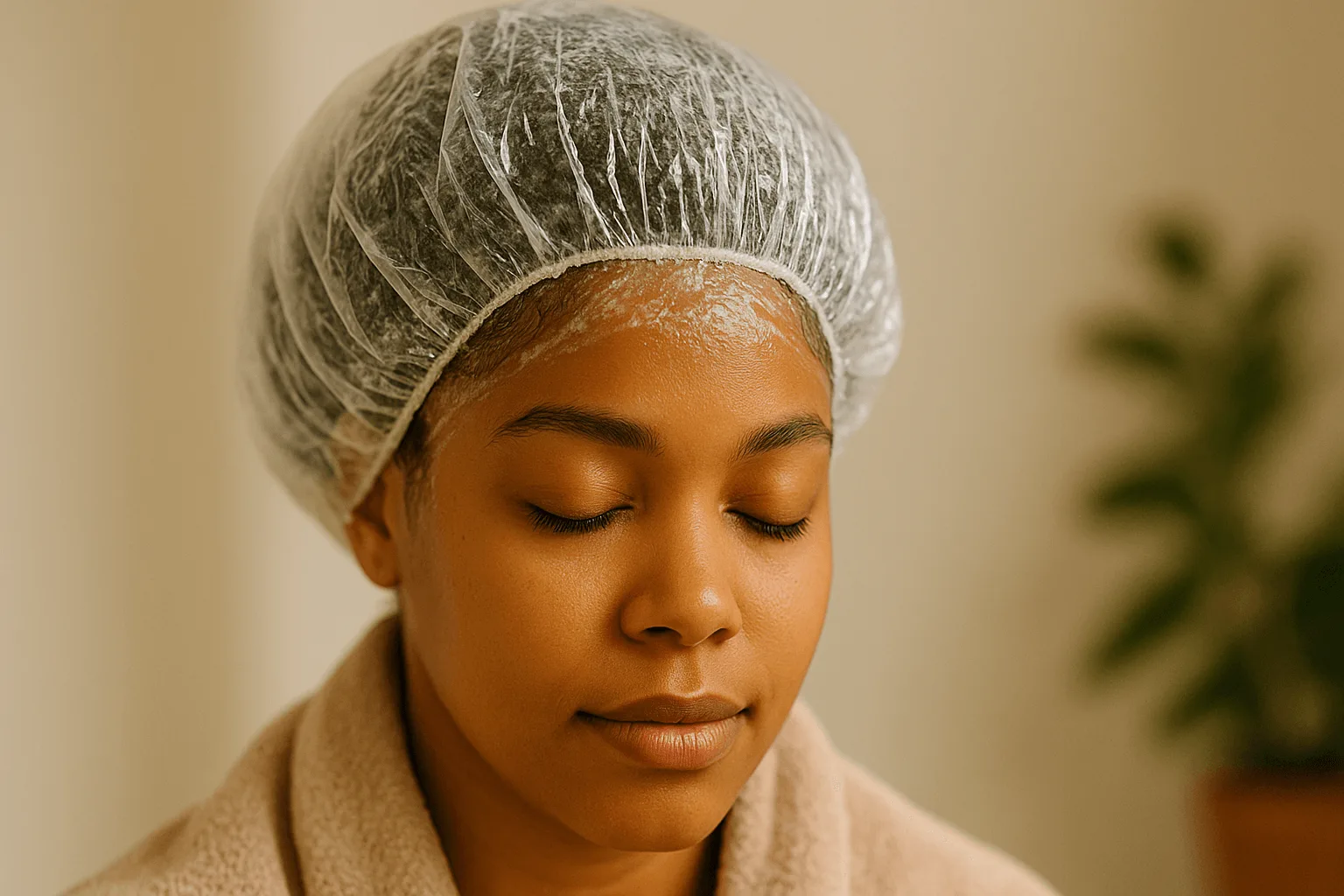 deep-conditioning-hair-mask-shower A close-up of a woman misting her natural hair with water and massaging oil into her scalp in a home hair care setting.