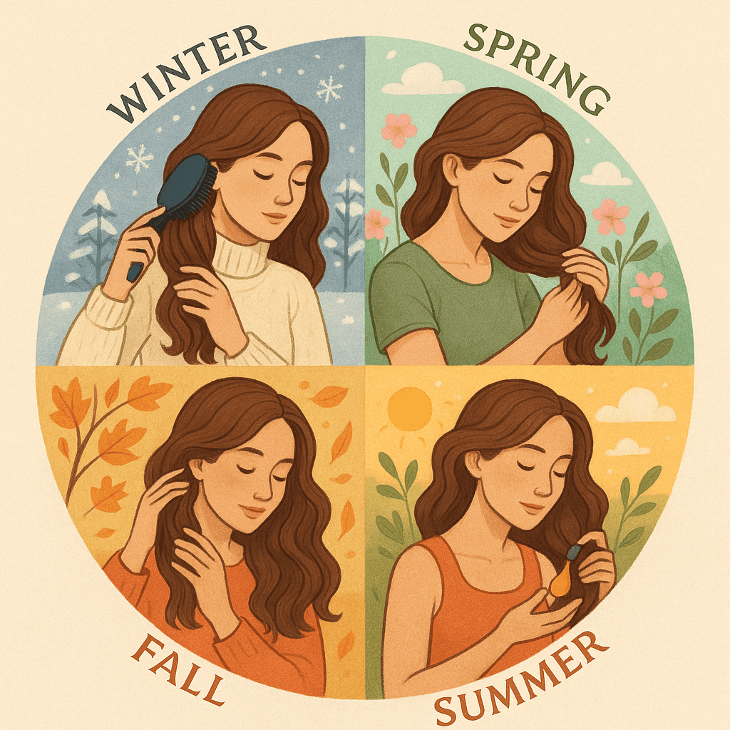 four seasons hair care women illustration Circular illustration of a woman caring for her hair in each of the four seasons—winter, spring, summer, and fall—with seasonal backgrounds and attire.