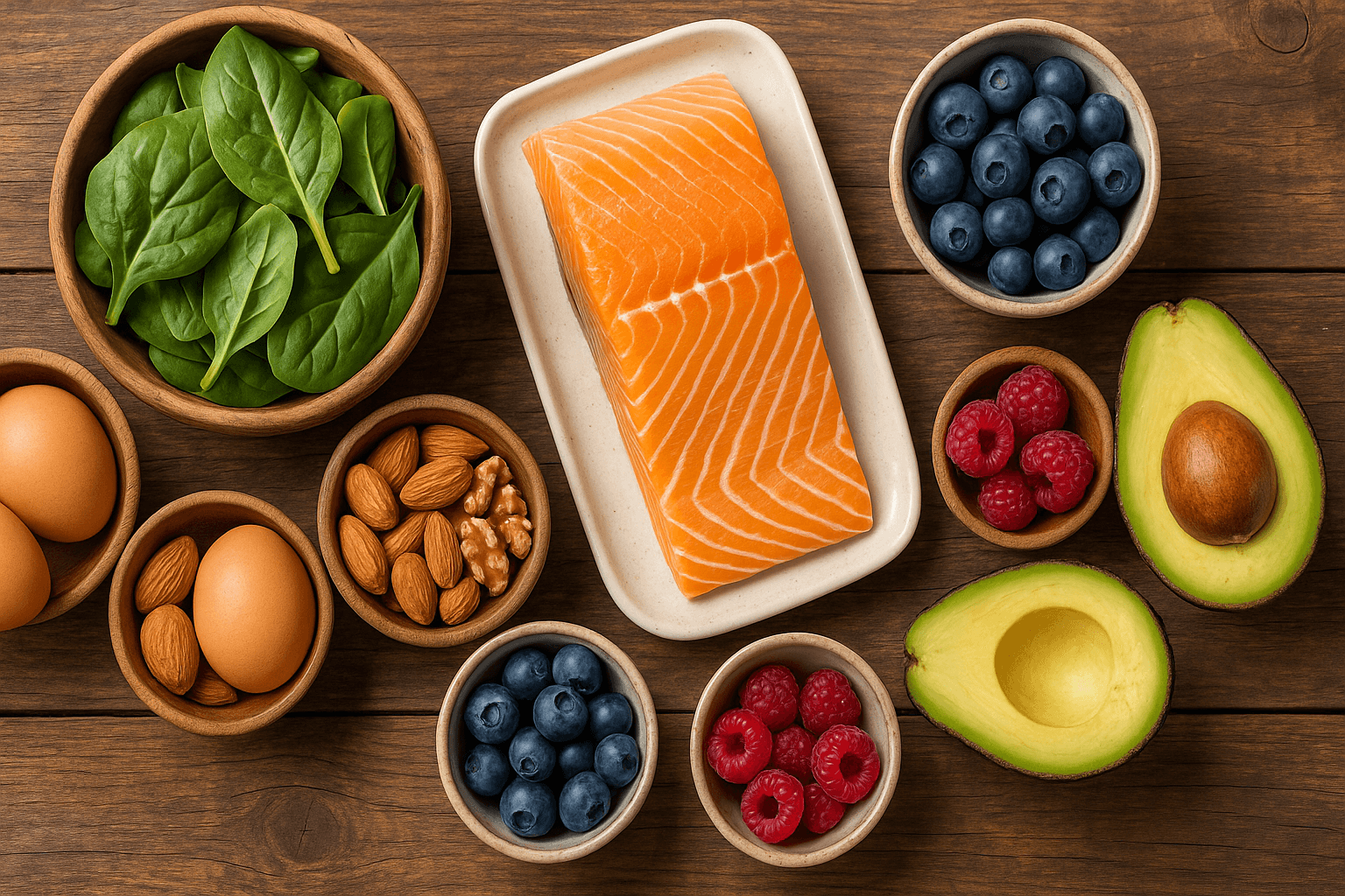 hair growth foods flatlay Flat lay of hair growth foods including eggs, berries, nuts, spinach, salmon, and avocados on a rustic wooden table