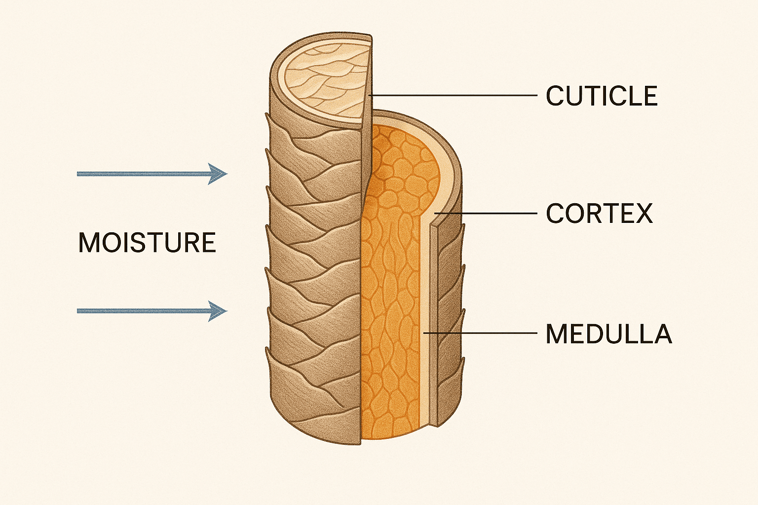 hair-strand-cross-section-low-porosity-diagram Labeled cross-section illustration of a hair strand showing the cuticle, cortex, and medulla layers, with arrows representing restricted moisture flow through the tightly packed cuticle layer.