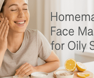 A smiling young woman applies a natural face mask in a cozy kitchen setting, with bowls of honey, yogurt, lemon slices, and oats in front of her.