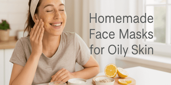homemade facemask oily skin A smiling young woman applies a natural face mask in a cozy kitchen setting, with bowls of honey, yogurt, lemon slices, and oats in front of her.