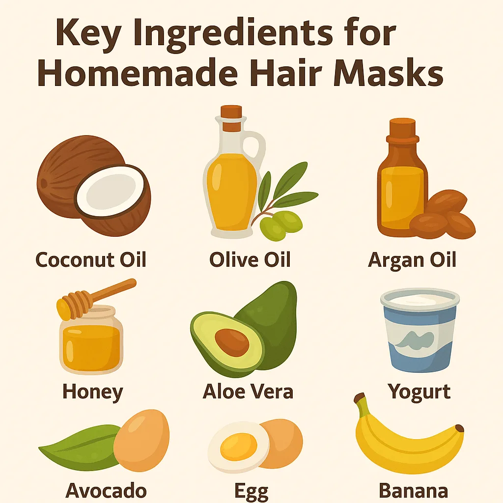 key ingredients homemade hair mask Illustration of natural ingredients used in homemade hair masks including coconut oil, olive oil, argan oil, honey, aloe vera, yogurt, avocado, egg, and banana
