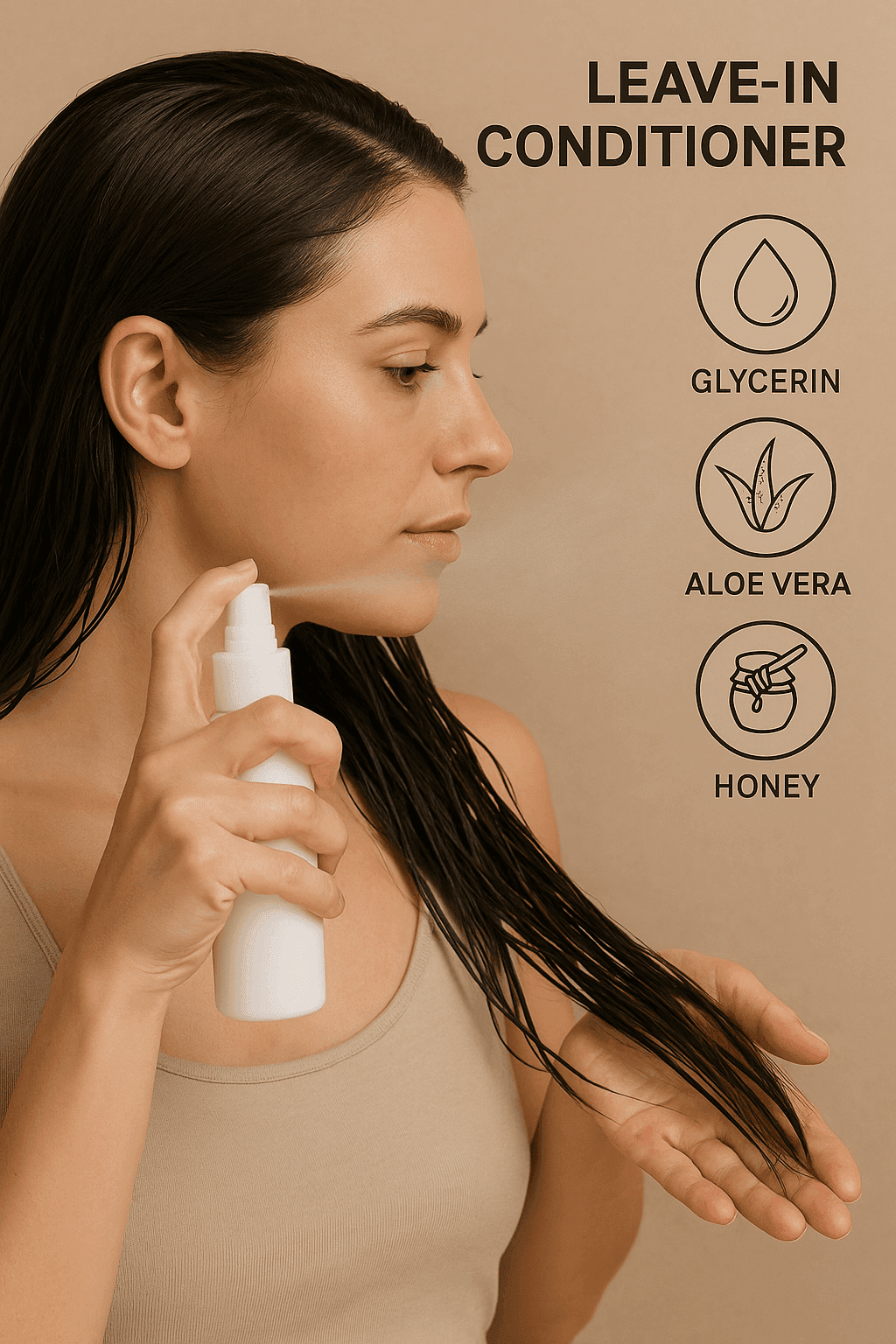 leave-in-conditioner-spray-hydration-ingredients Woman spraying leave-in conditioner mist onto damp hair, with visible icons for glycerin, aloe vera, and honey, highlighting hydration and lightweight care.