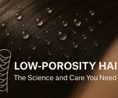 Close-up of smooth, healthy low-porosity hair with water droplets on the surface, featuring a scientific graphic of a hair strand and the text “Low-Porosity Hair: The Science and Care You Need."