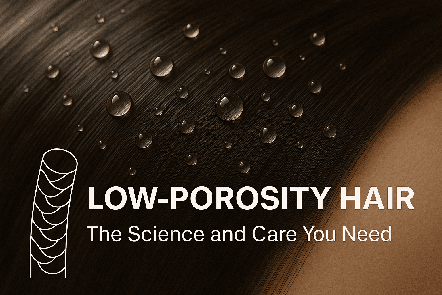 low-porosity-hair-closeup-scientific-graphic Close-up of smooth, healthy low-porosity hair with water droplets on the surface, featuring a scientific graphic of a hair strand and the text “Low-Porosity Hair: The Science and Care You Need."