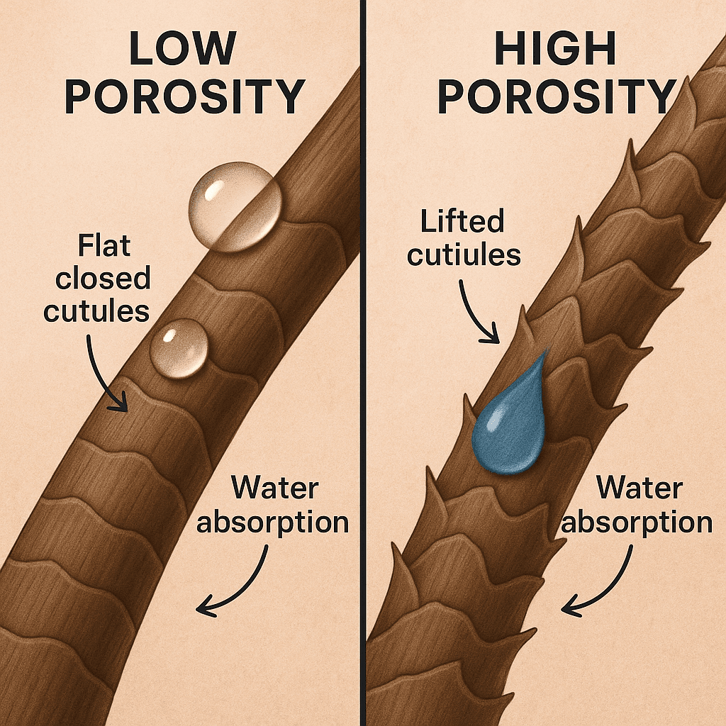 low-vs-high-porosity-hair-comparison Split image showing low-porosity hair repelling water on the left and high-porosity hair absorbing water on the right, with labeled cuticle structures and arrows indicating water movement.