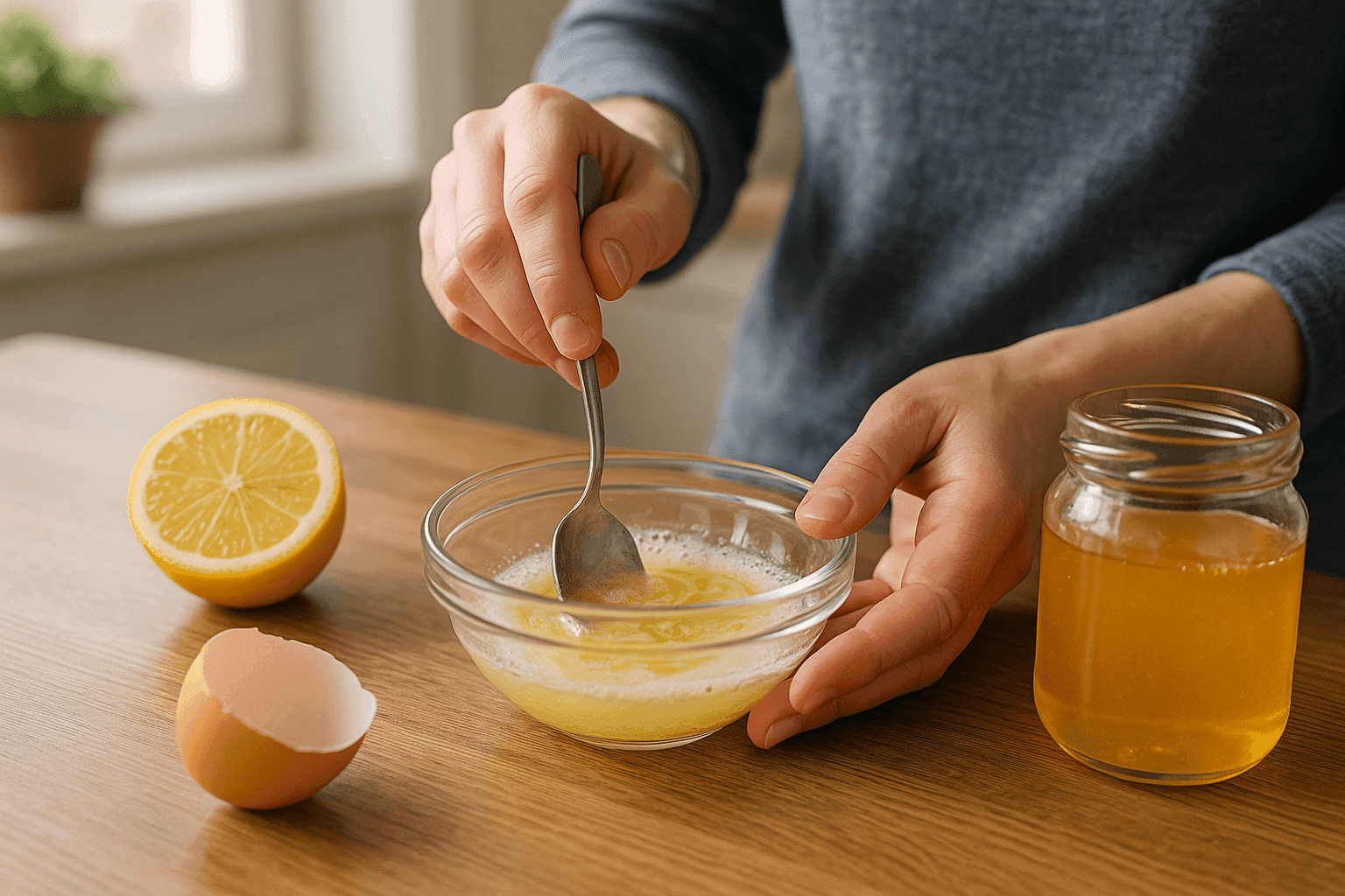 mixing lemon honey egg white bowl kitchen Person mixing lemon juice, honey, and egg white in a glass bowl with a spoon in a softly lit kitchen.
