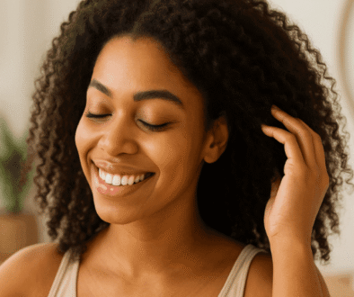 A smiling woman with natural curly hair mists her hair with water in a bright bathroom, highlighting hydration and healthy hair care.