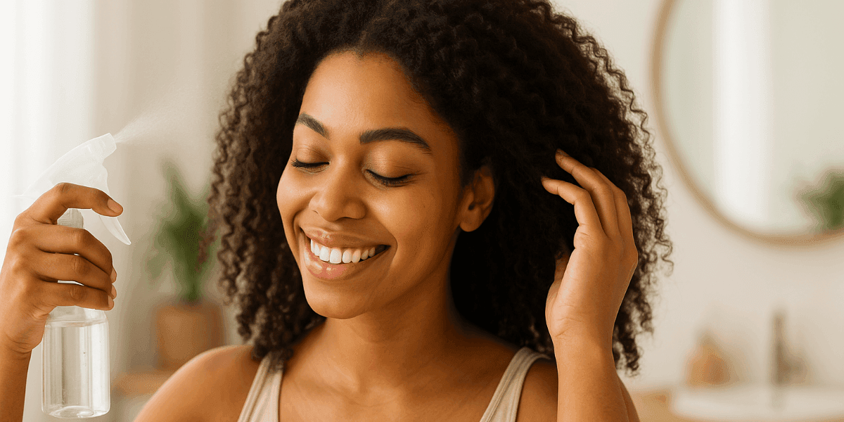 natural-hair-care-hydration-routine A smiling woman with natural curly hair mists her hair with water in a bright bathroom, highlighting hydration and healthy hair care.