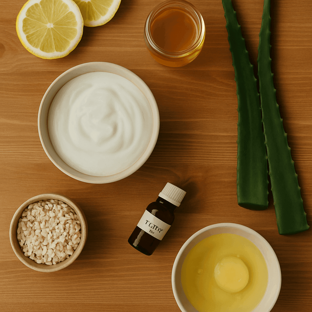 natural skin care ingredients flatlay Top-down view of natural skincare ingredients including lemon slices, honey, yogurt, aloe vera, dry oats, tea tree oil, and egg whites on a wooden table.