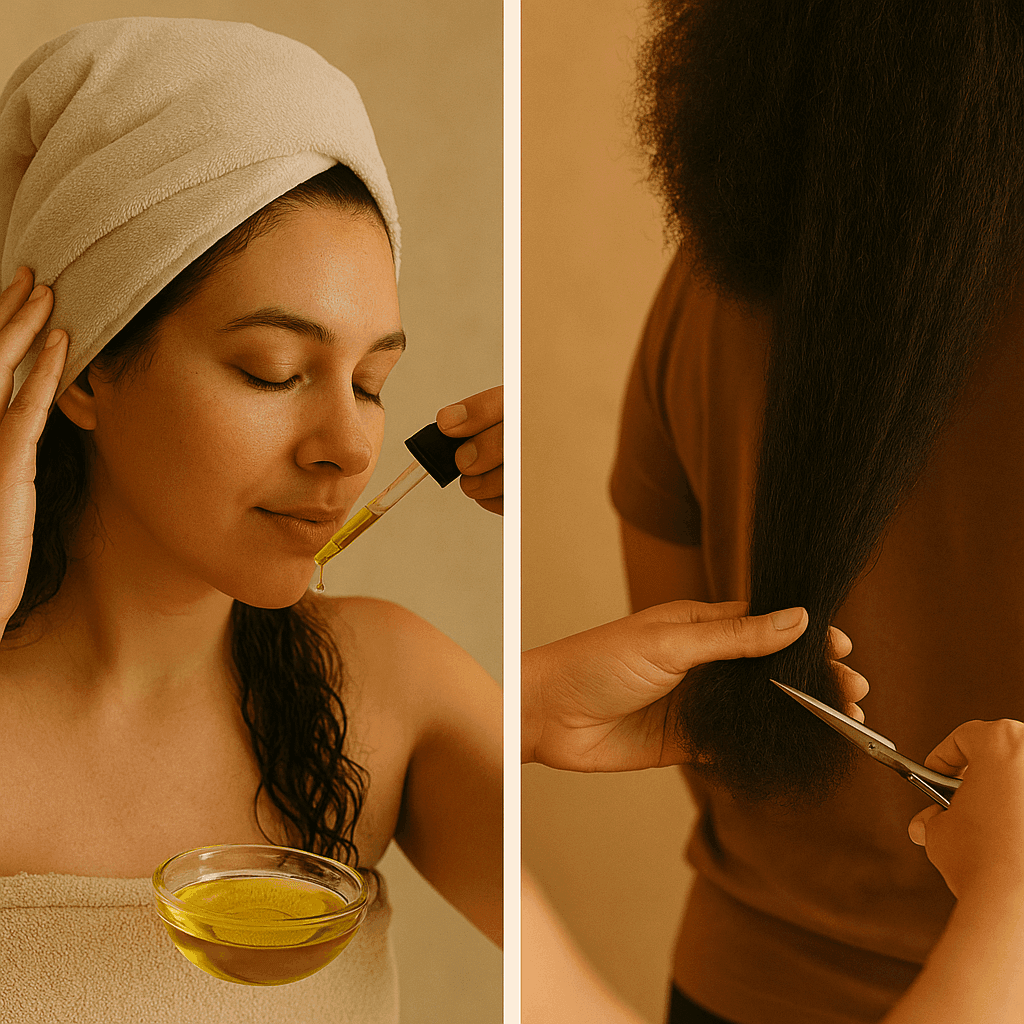 nurturing-natural-hair-care-routine Split image showing a woman applying warm oil to her hair with a dropper and a stylist gently trimming the ends of thick natural hair, both under warm lighting.