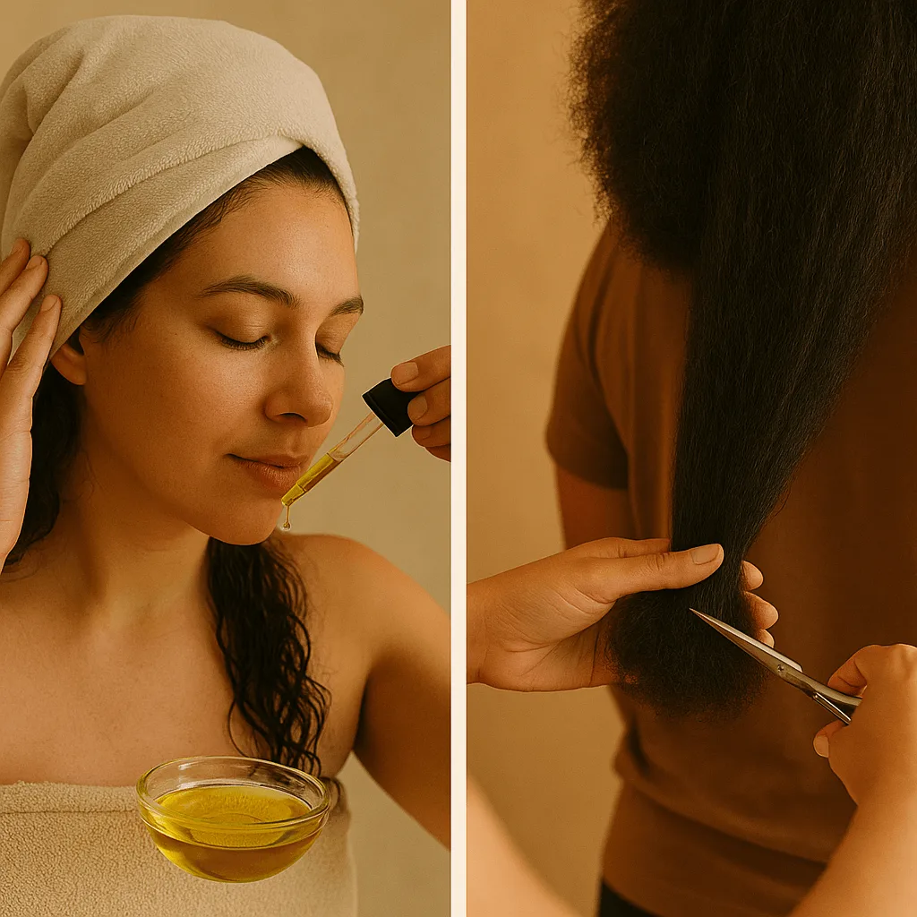 nurturing-natural-hair-care-routine Split image showing a woman applying warm oil to her hair with a dropper and a stylist gently trimming the ends of thick natural hair, both under warm lighting.