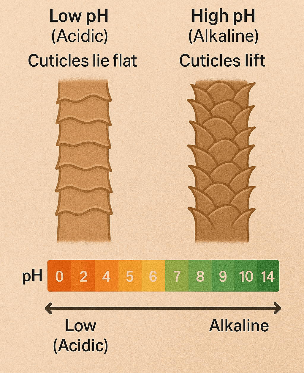 ph-effect-on-hair-cuticles-infographic Infographic showing how hair cuticles lie flat at low pH and lift at high pH, with a pH scale and two side-by-side illustrations of hair strands under different pH levels.