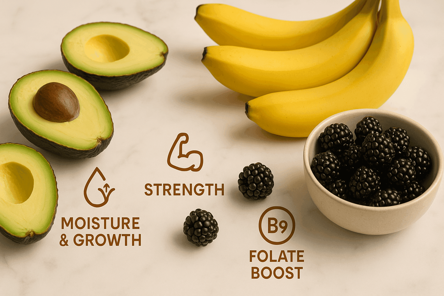 photograph of avacado berries and banana Halved avocados, bananas, and a bowl of blackberries on a white marble countertop with warm lighting and labeled icons for “Moisture & Growth,” “Strength,” and “Folate Boost.”