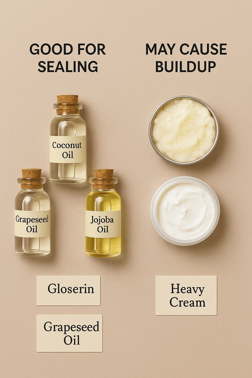sealing-oils-vs-heavy-butters-flatlay Flat lay image comparing light oils like coconut, grapeseed, and jojoba labeled “Good for sealing” with heavier products like shea butter and cream labeled “May cause buildup."