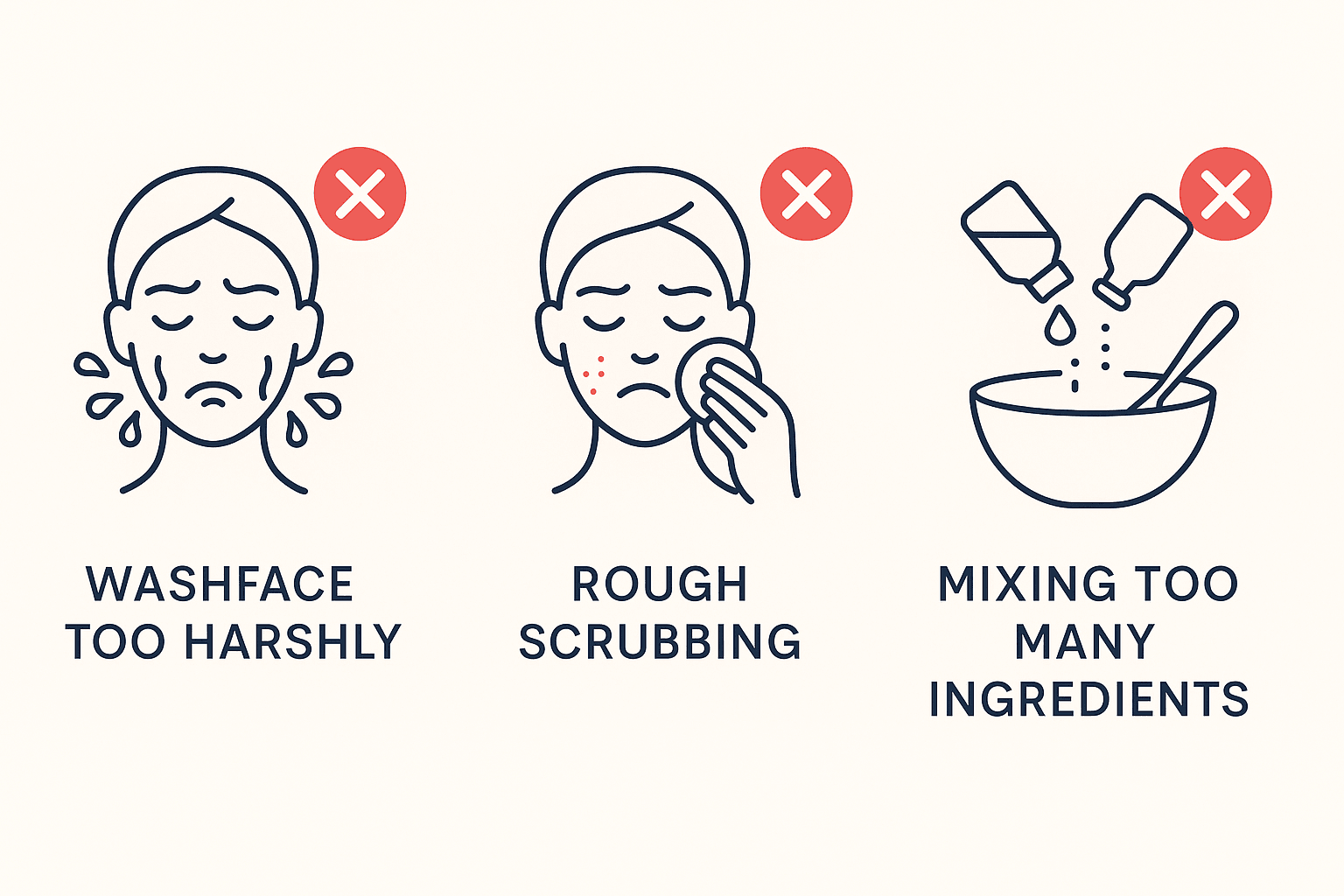 skincare mistakes infographic icons Infographic showing three skincare mistakes with illustrated icons and red X marks: washing face too harshly, rough scrubbing, and mixing too many ingredients.