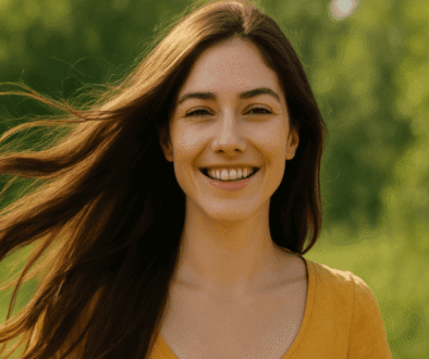 Smiling woman with long shiny hair blowing in the breeze, standing outdoors on a sunny day with greenery in the background