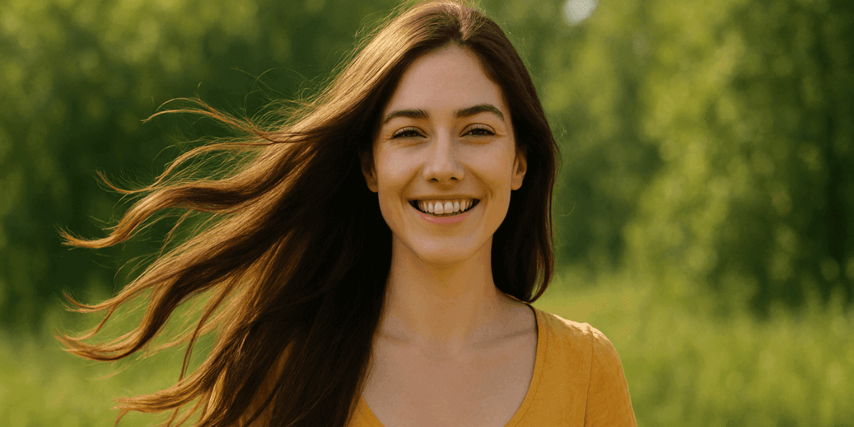 smiling women summer breeze Smiling woman with long shiny hair blowing in the breeze, standing outdoors on a sunny day with greenery in the background